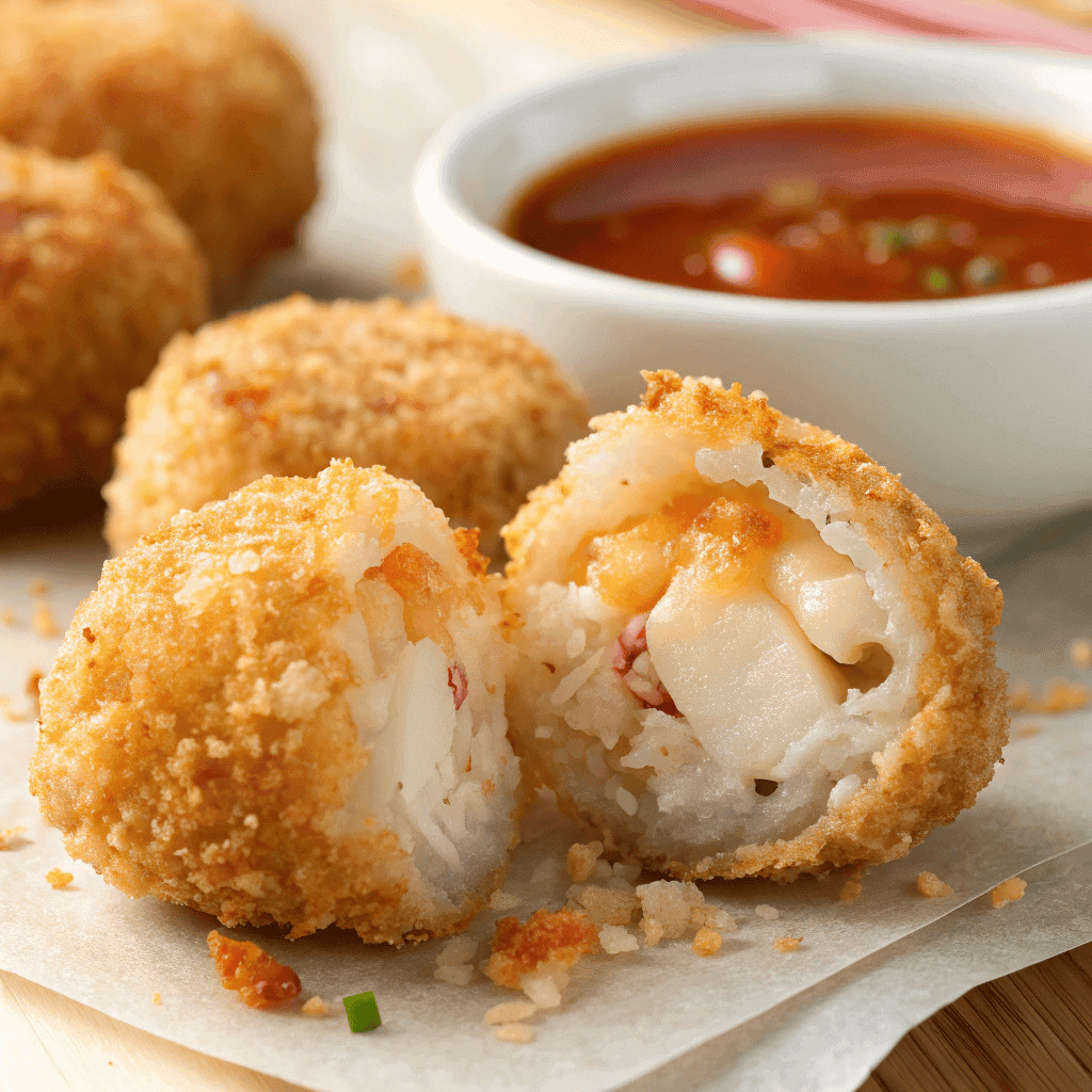 Extreme close-up of shrimp ball breading texture showing golden panko flakes.