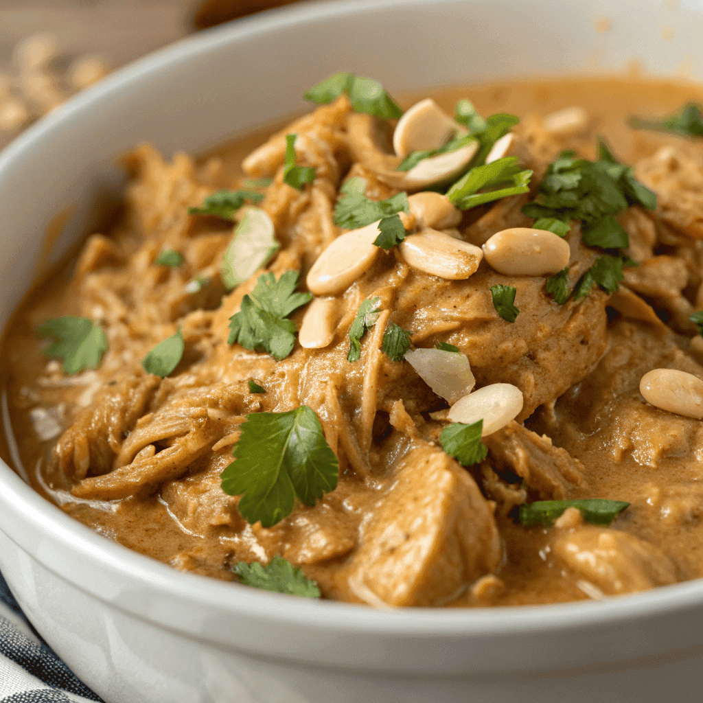 Macro shot showing the creamy peanut sauce and tender chicken texture in peanut chicken.