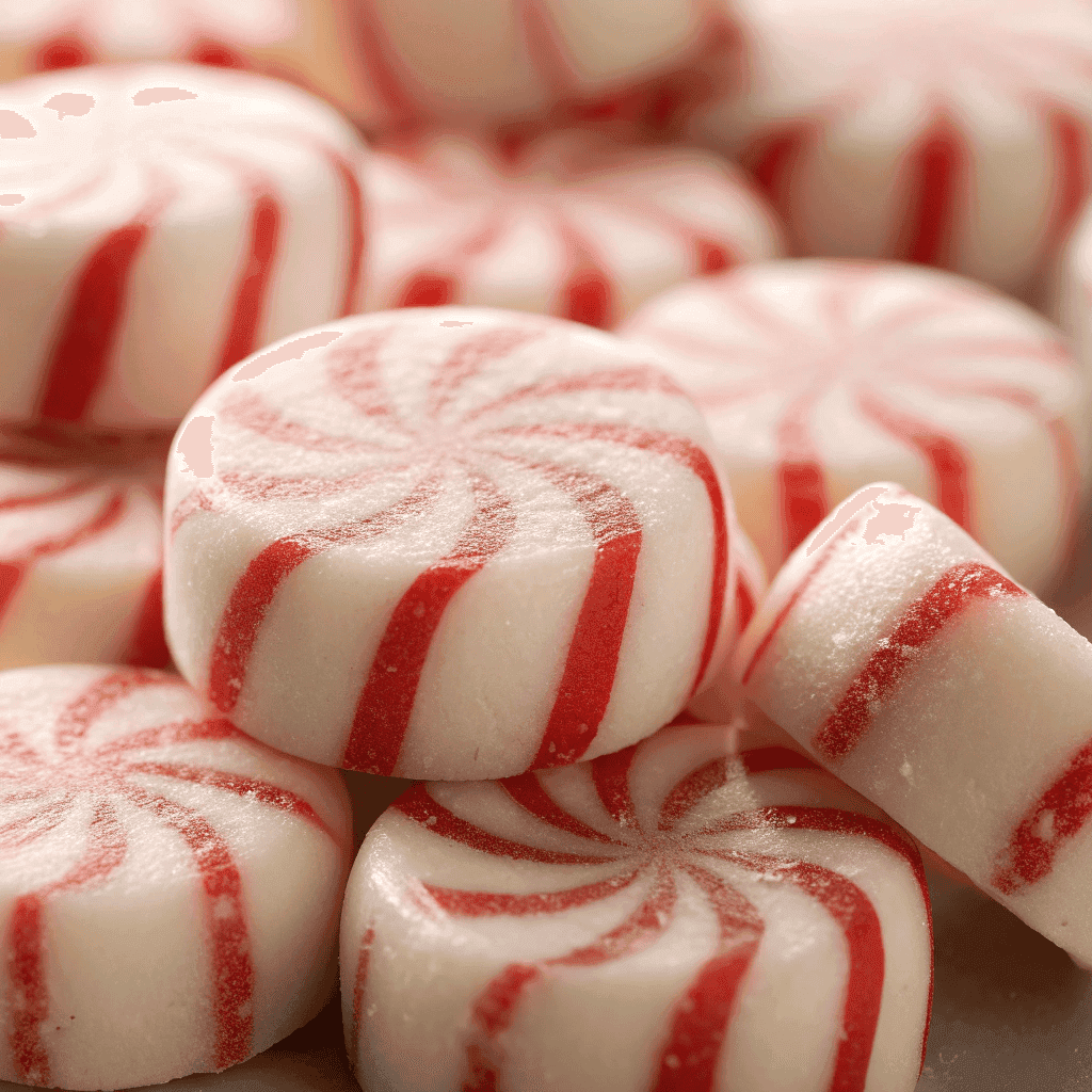 Soft Christmas Peppermints – No-Bake Holiday Candy 3 Macro close-up highlighting the red swirl pattern and creamy texture of soft peppermint candies.