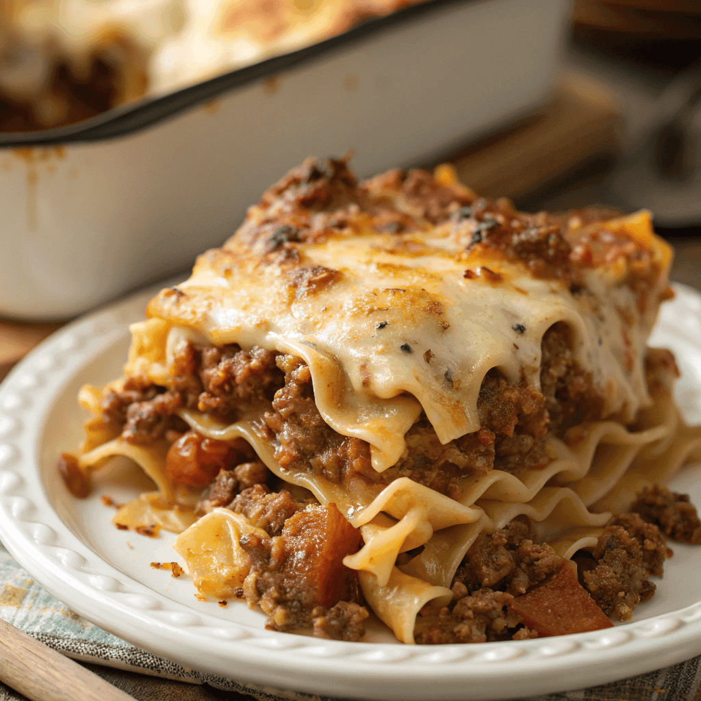Macro close-up showing melted cheese and noodle texture in sour cream beef casserole.
