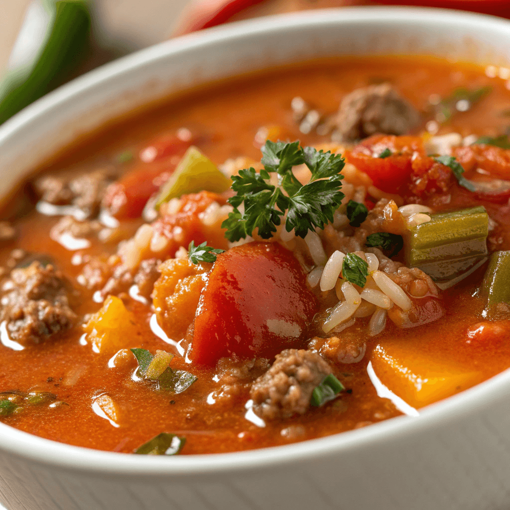 Macro close-up showing beef, rice, broth, and peppers in stuffed pepper soup.
