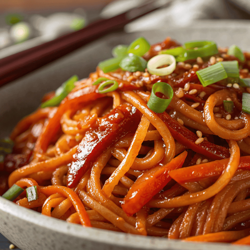 Macro view showing glossy Szechuan noodles coated in chili sauce with vegetables.