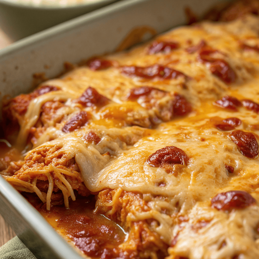 Macro close-up showing melted cheese strands, enchilada sauce, and shredded chicken from a keto enchilada casserole.