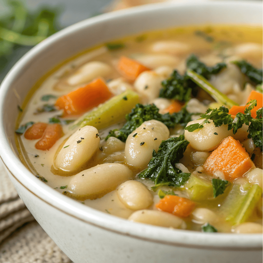 Close-up macro shot showing beans, vegetables, greens, and creamy broth from Tuscan white bean soup.