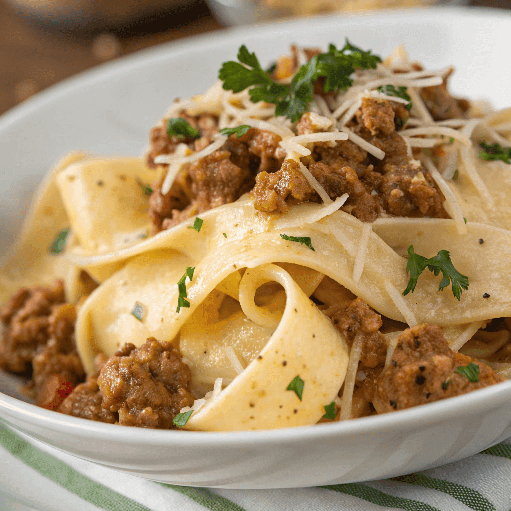 Macro close-up of creamy white Bolognese sauce with cheese and pasta.