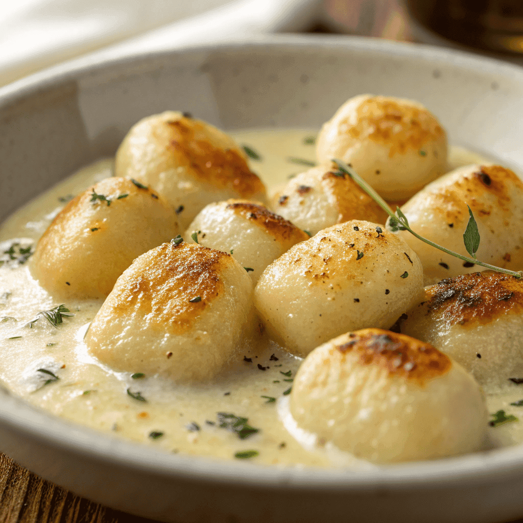 Macro close-up of millionaire gnocchi showing golden sear marks, creamy sauce texture, and fine herb details.