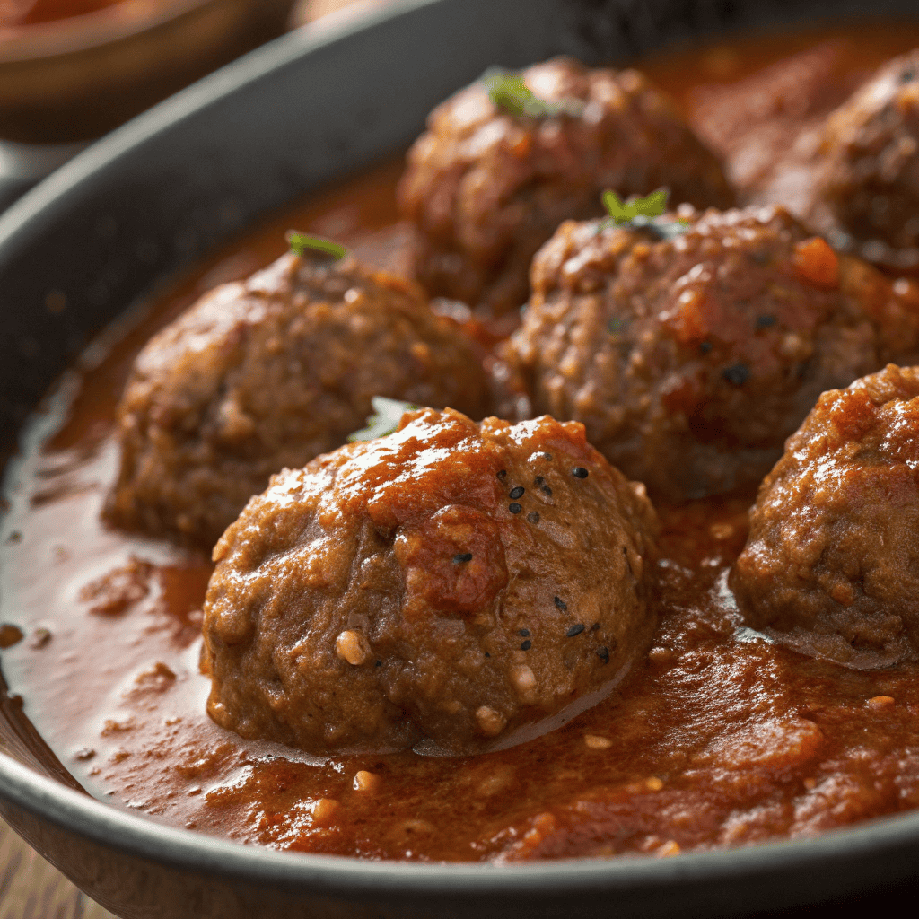 Close-up of Moroccan meatballs coated in spiced tomato sauce
