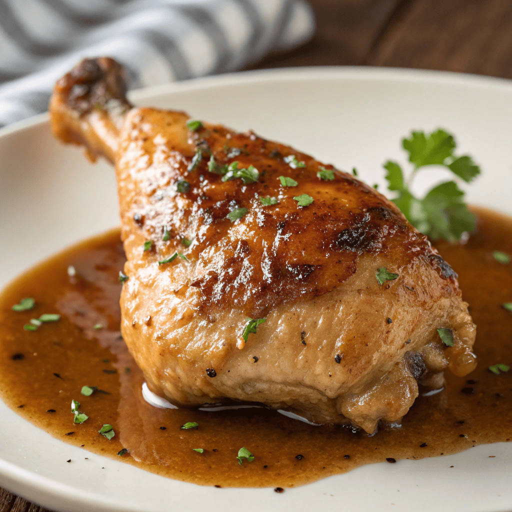 Close-up of chicken thigh with gravy and seared skin