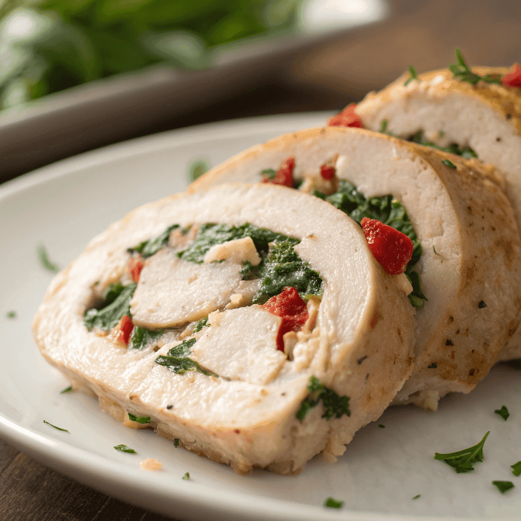 Close-up of stuffed chicken roulade with herb cheese filling