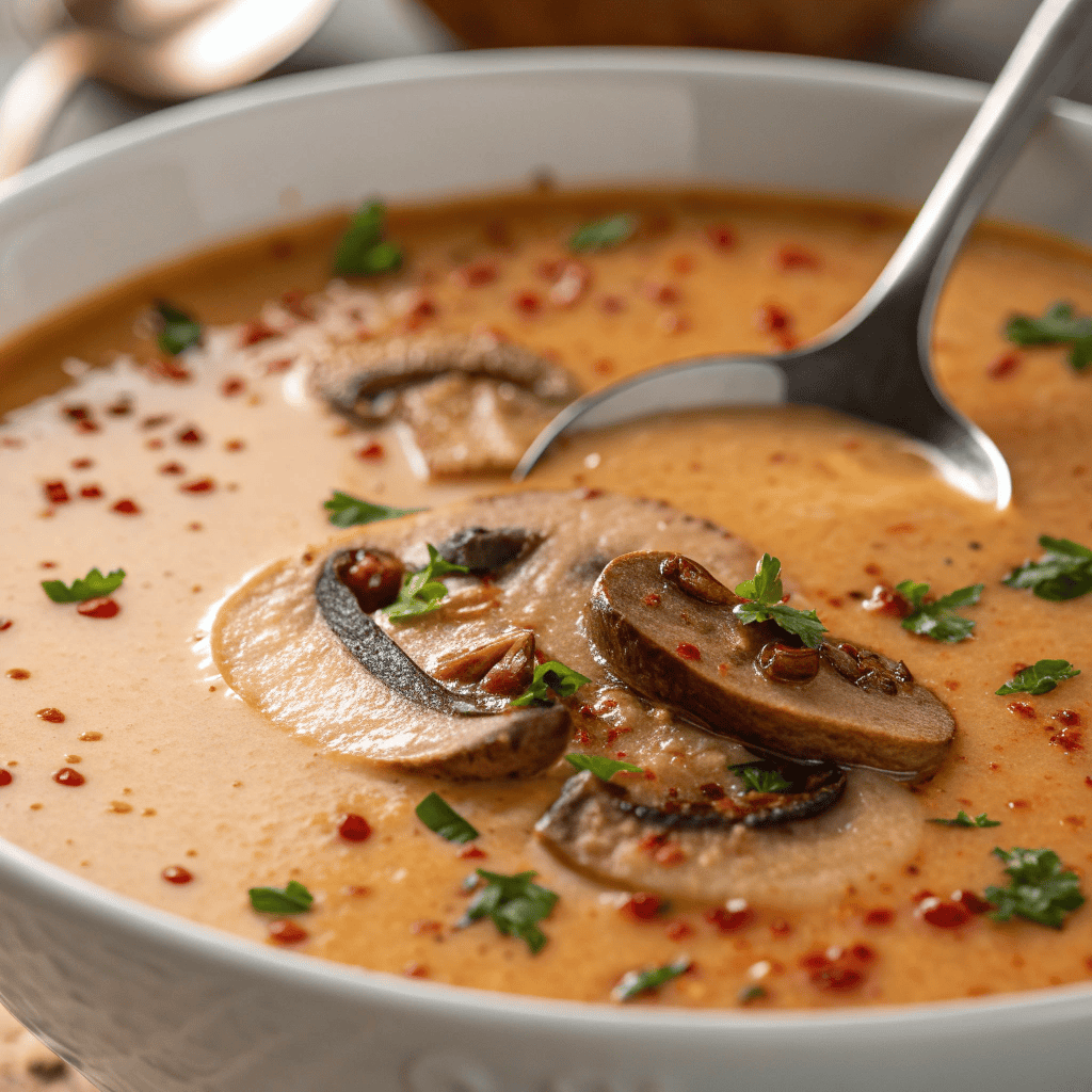 Best Hungarian Mushroom Soup with Dill and Paprika 3 Close-up of creamy paprika mushroom soup with oil and herbs