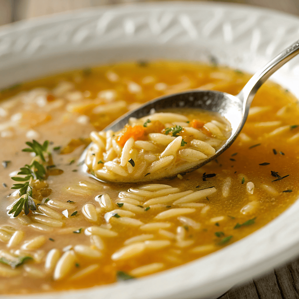 Close-up of orzo pasta in golden Italian broth