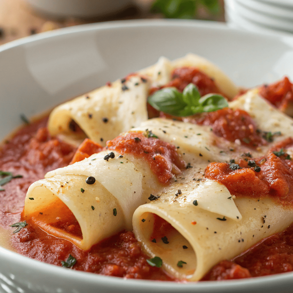 Close-up of paccheri pasta with tomato sauce and melted mozzarella