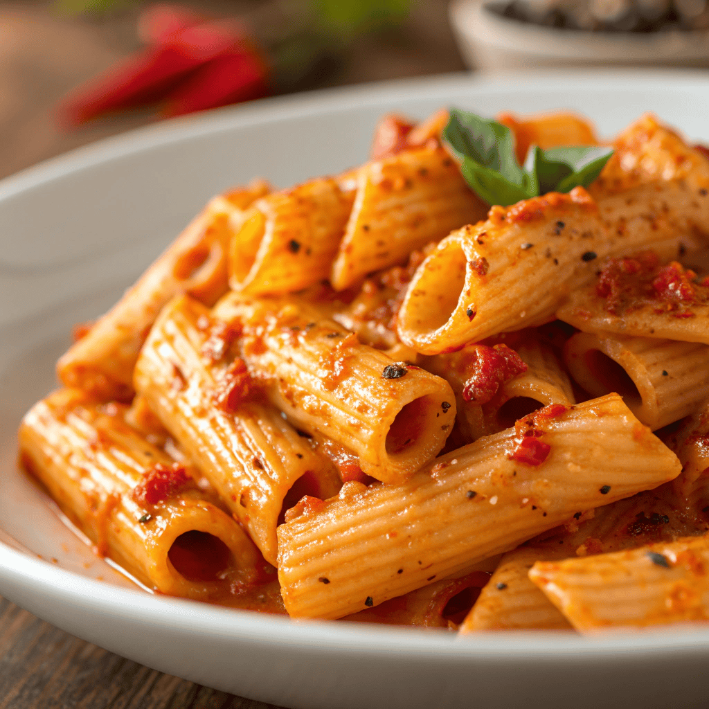 Close-up of rigatoni pasta coated in thick creamy spicy vodka sauce