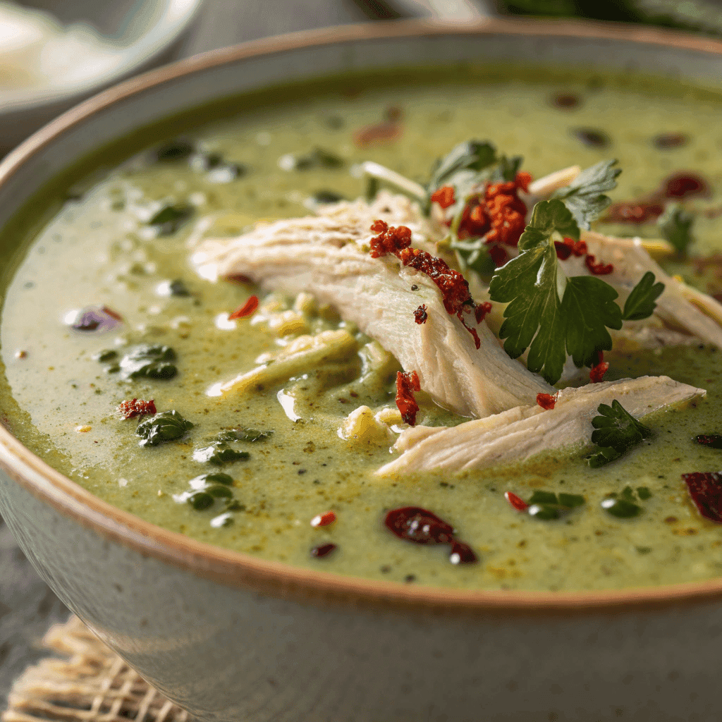 Close-up of creamy poblano soup with chicken and spices