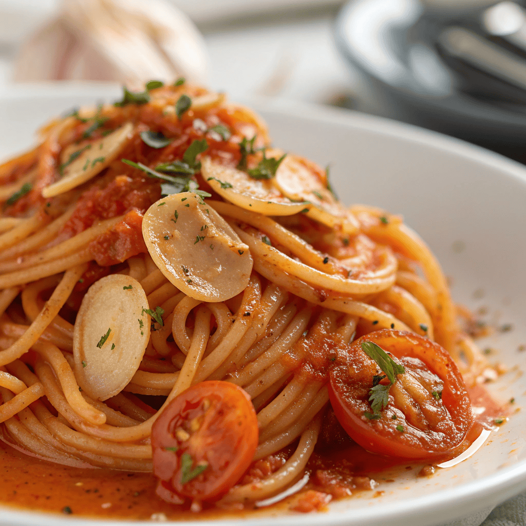 Close-up of spaghetti strands with roasted tomatoes and olive oil