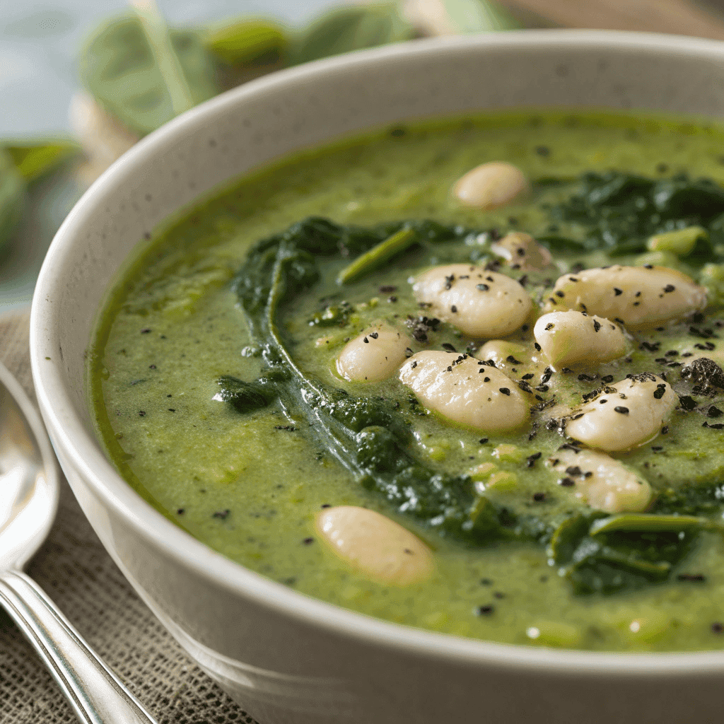 Close-up of creamy green soup with beans, spinach, and olive oil