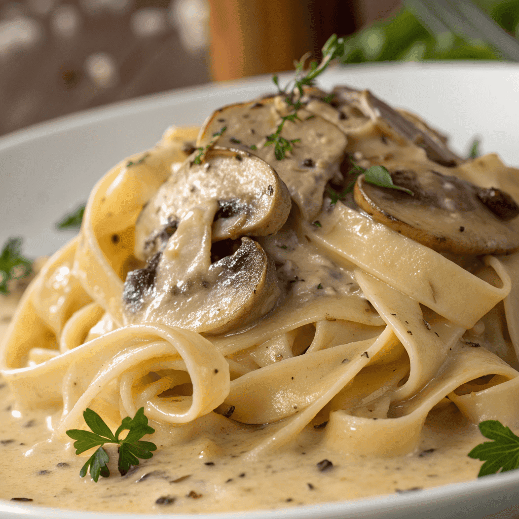 Close-up of tagliatelle coated in creamy Gruyère sauce with mushrooms