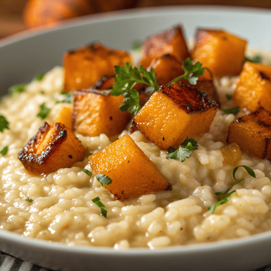 Close-up texture of creamy butternut squash risotto with caramelized roasted squash cubes