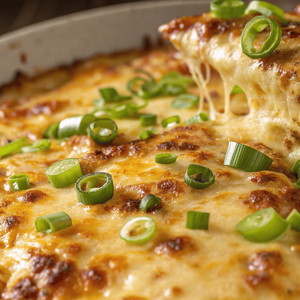 Macro shot showing melted cheese and green onions on top of Texas Trash Dip.