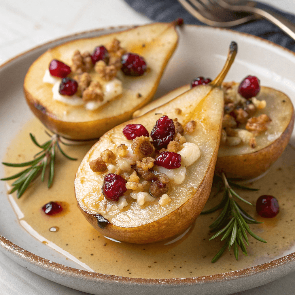 Best Baked Pears with Goat Cheese & Cranberries 3 Finished baked pears topped with cream, cranberries, crumbs, and rosemary in a clean view.