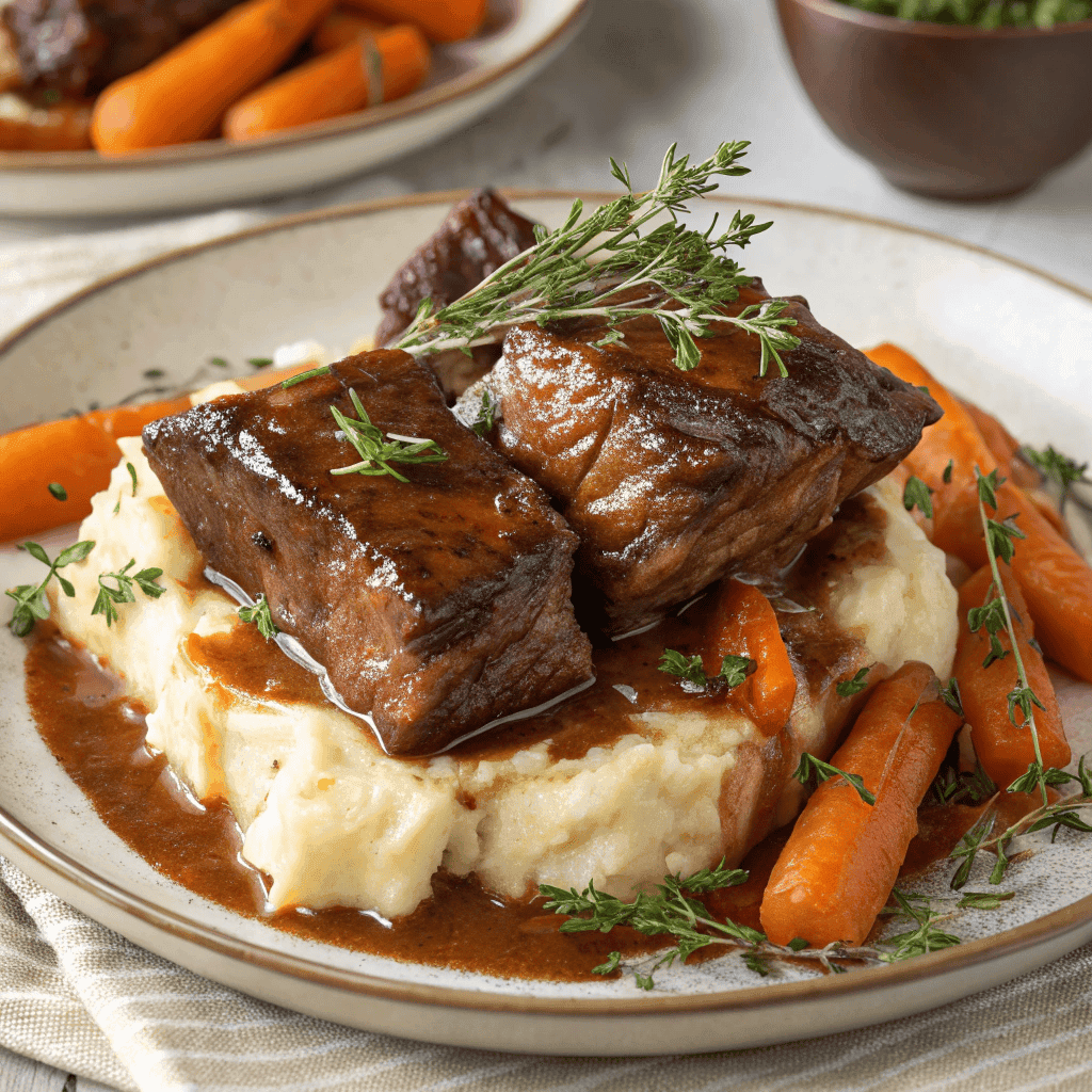 Braised short ribs over mashed potatoes with carrots and sauce arranged on a serving plate.