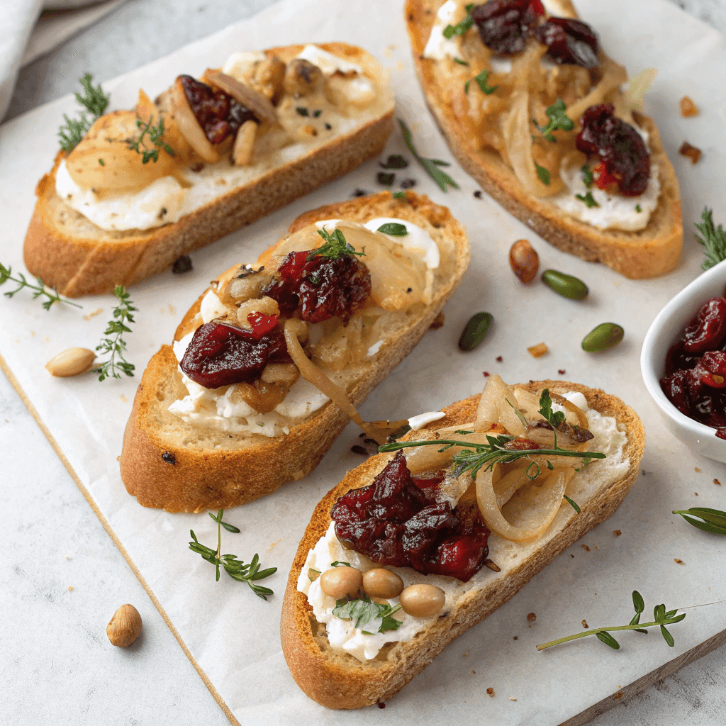 Finished bruschetta bar displayed with toppings in a clean top-view or straight-on shot.
