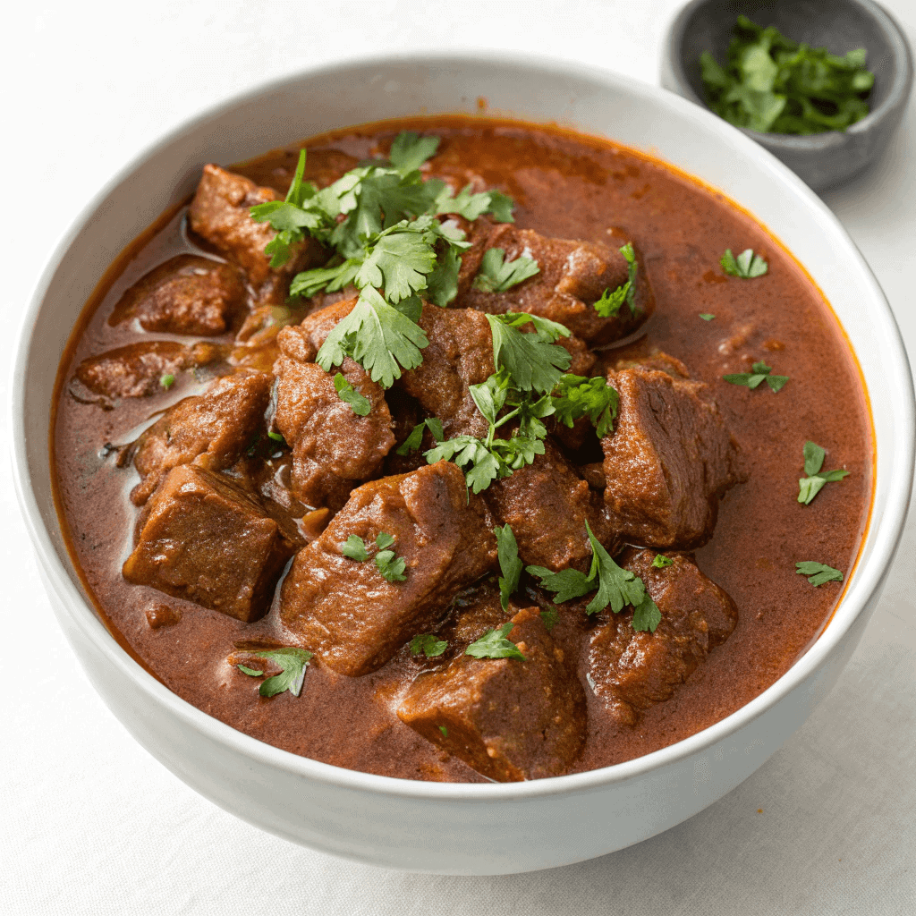 Finished carne guisada with cilantro garnish shown in a clean top-view.