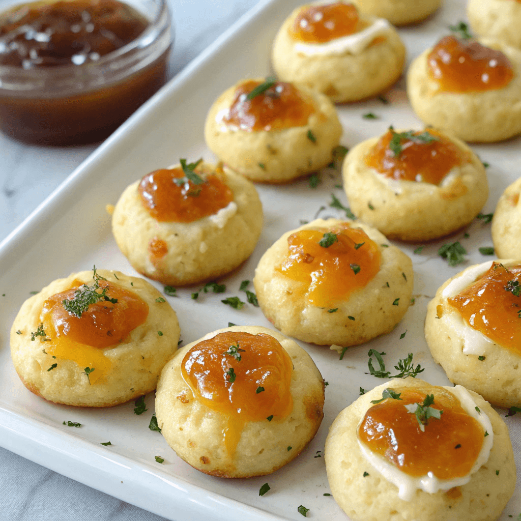 Finished cheesy thumbprint appetizers with jam centers and herbs in a clean top-view.