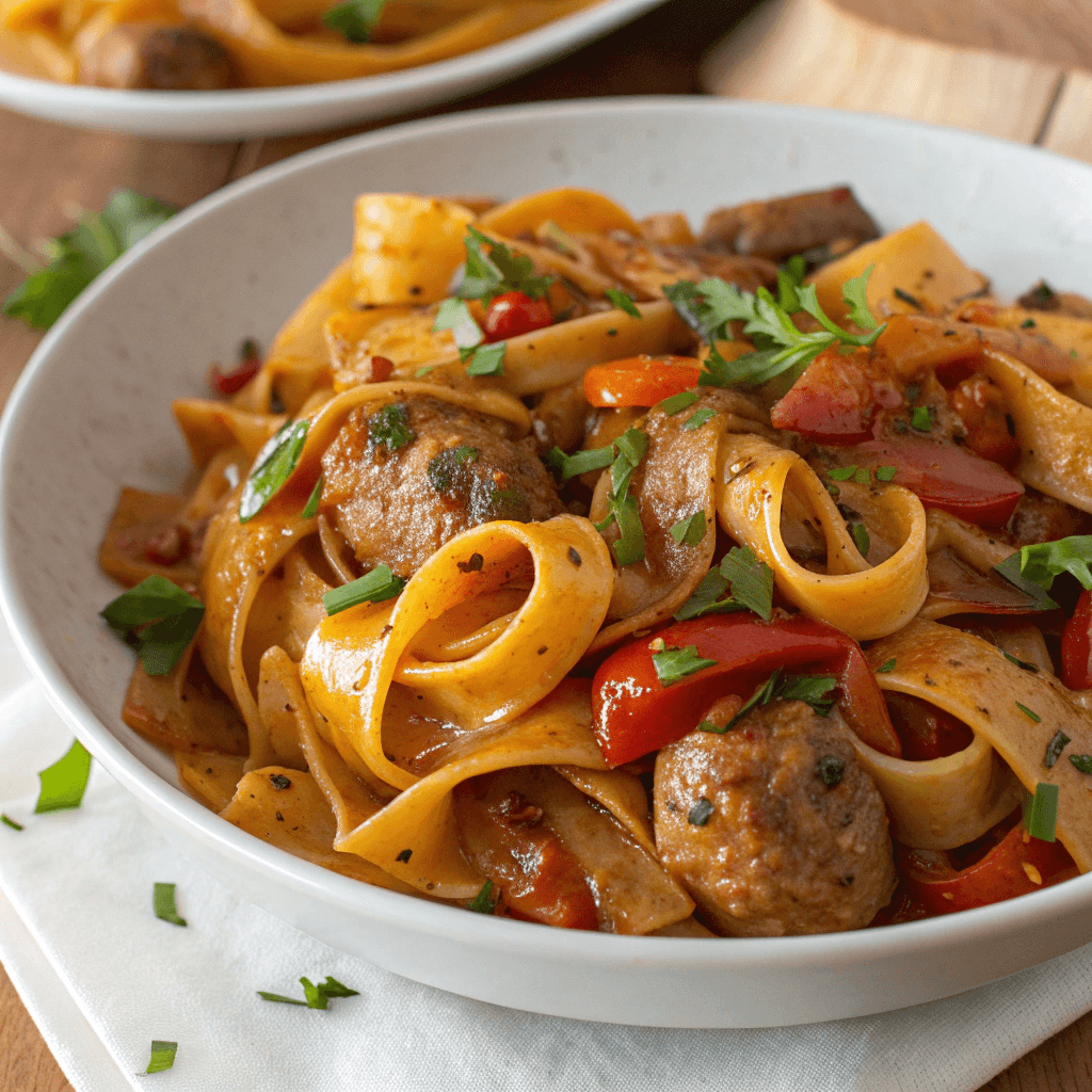 Finished Italian drunken noodles with sausage, peppers, and onions in a top-view.