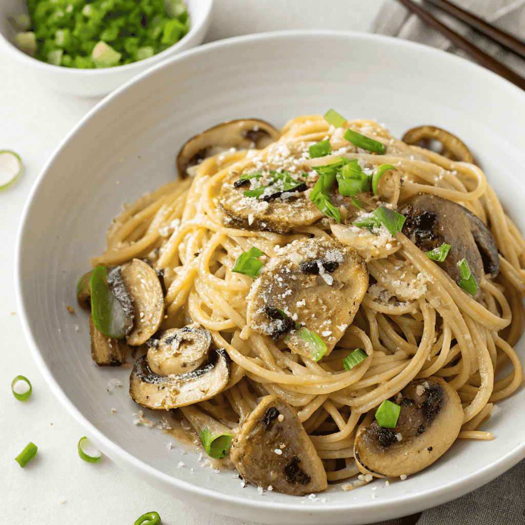 Miso Pasta – Creamy, Savory, and Umami Perfection 3 Finished miso pasta with mushrooms, scallions, and parmesan in a clean top-view.