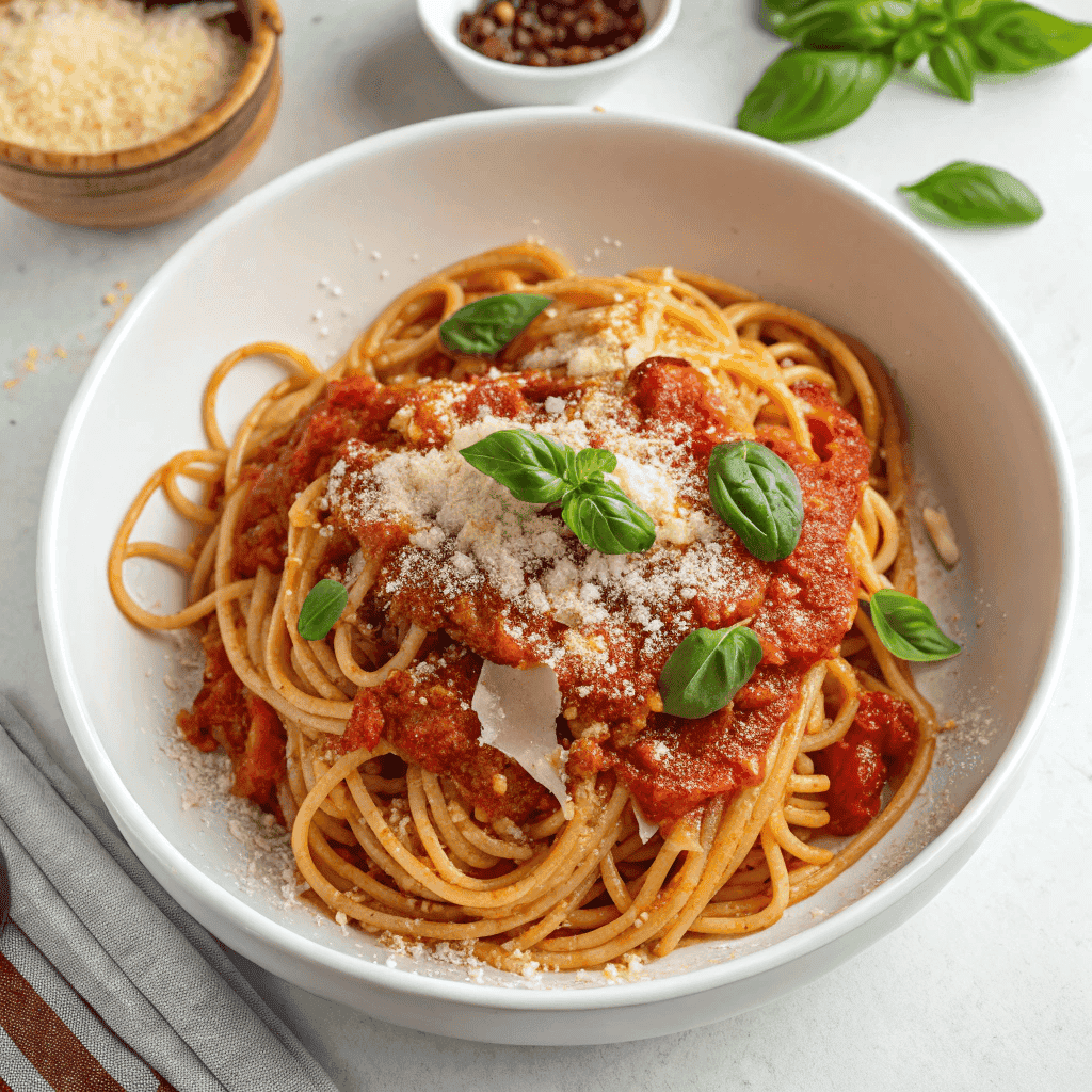Finished pasta napoletana with tomato sauce, parmesan, and basil in a top-view.