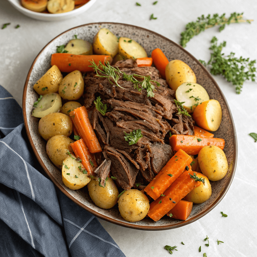Finished crock pot roast beef dinner with vegetables in a clean top-view shot.
