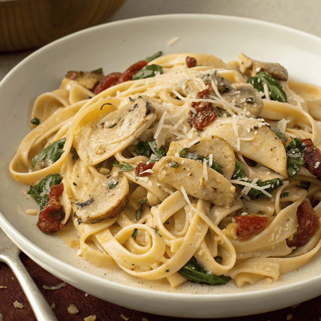 Finished sun-dried tomato pasta with mushrooms, spinach, chicken, and parmesan in a top-view.