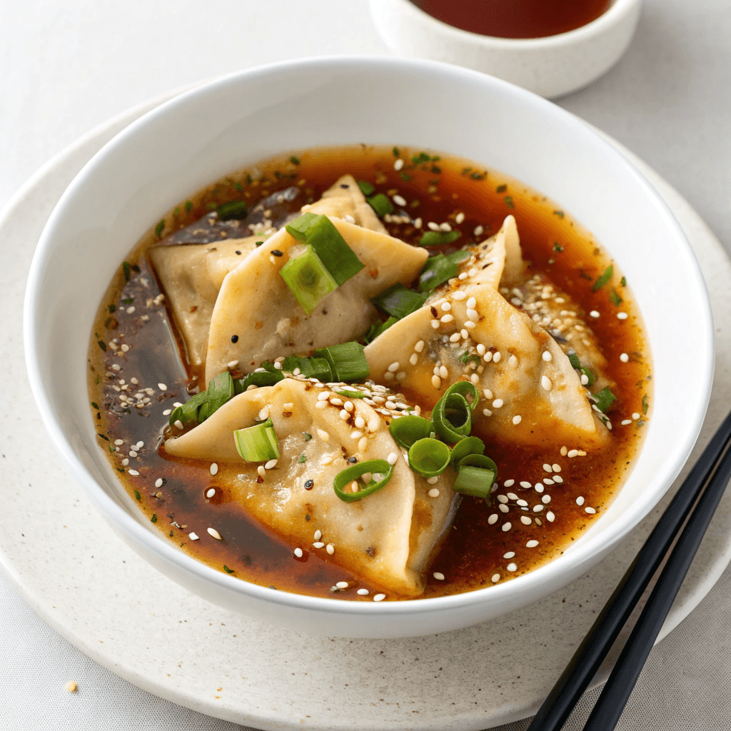 Finished tofu wontons topped with scallions and sesame seeds in a chili-soy broth.