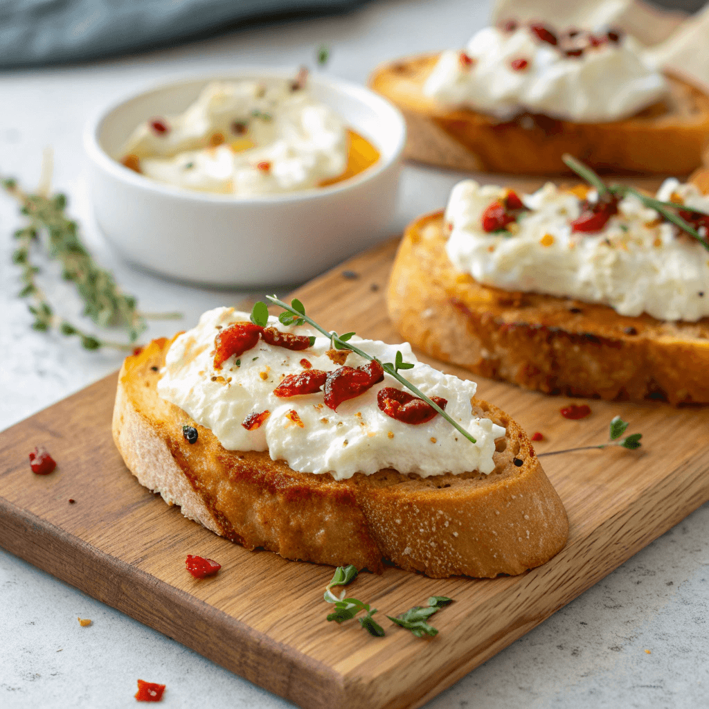 Finished whipped feta crostini topped with chili honey, red pepper flakes, and thyme.
