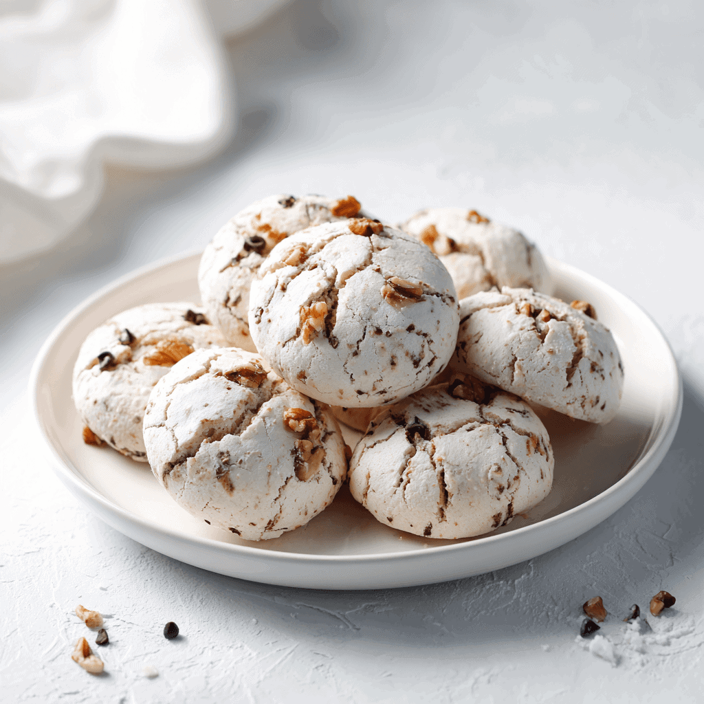forgotten cookies meringues with chocolate chips and walnuts on white plate