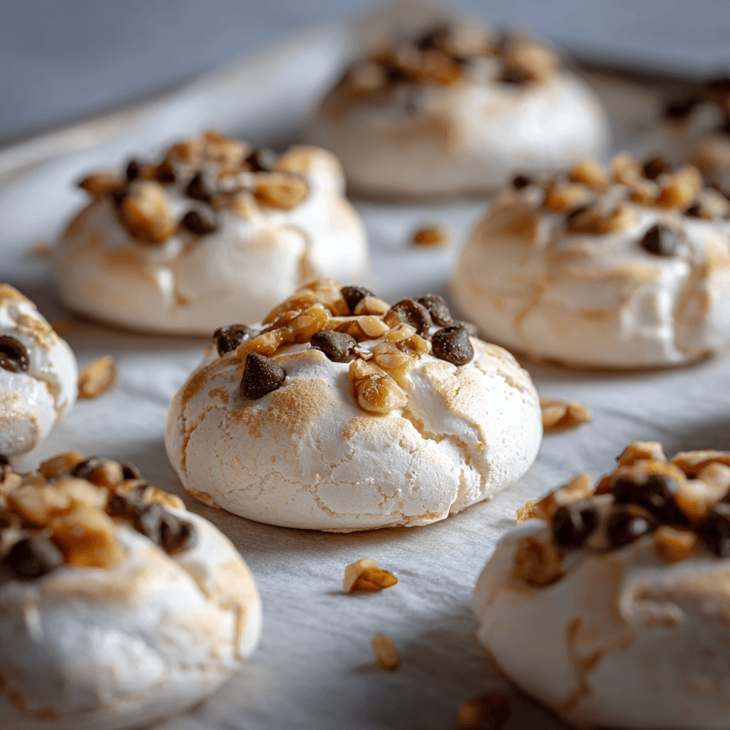 forgotten cookies on baking tray showing white meringue with chocolate chips