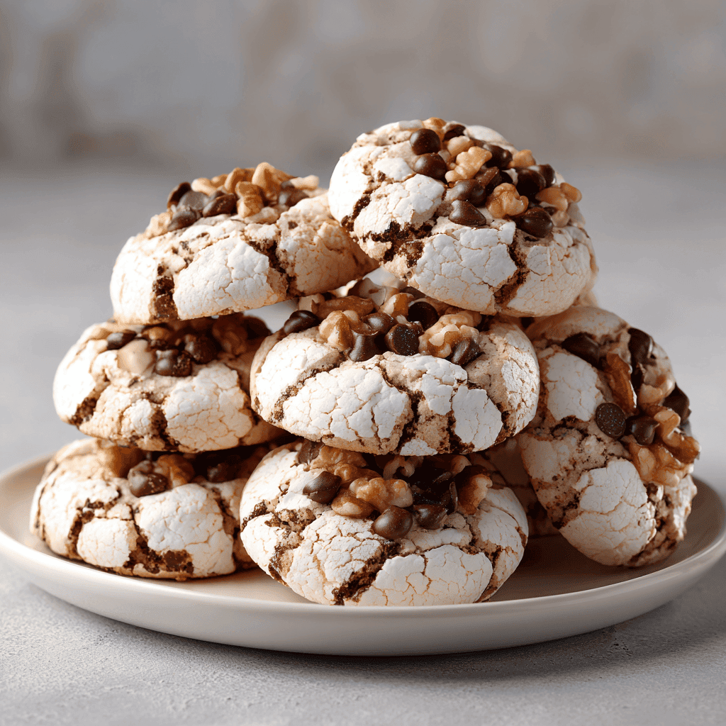 finished forgotten cookies with cracked meringue tops and chocolate chip pieces