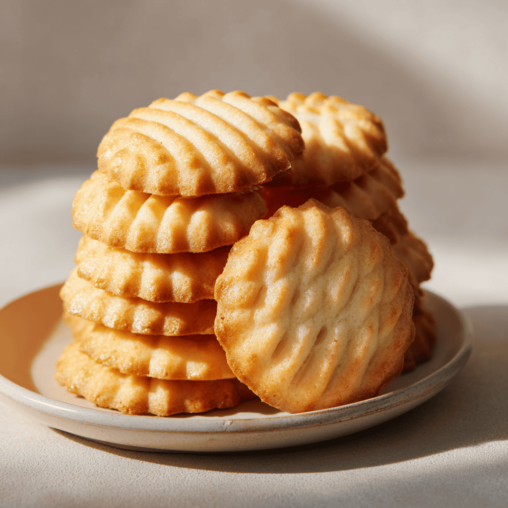 French Butter Cookies – Buttery, Crisp, and Elegant 4 Golden French butter cookies with scalloped edges and criss-cross tops on a plate.