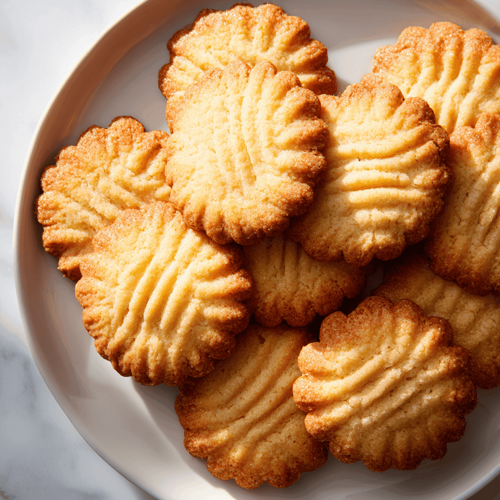 French Butter Cookies – Buttery, Crisp, and Elegant 2 French butter cookies arranged on a clean surface, showing golden tops and scalloped edges.