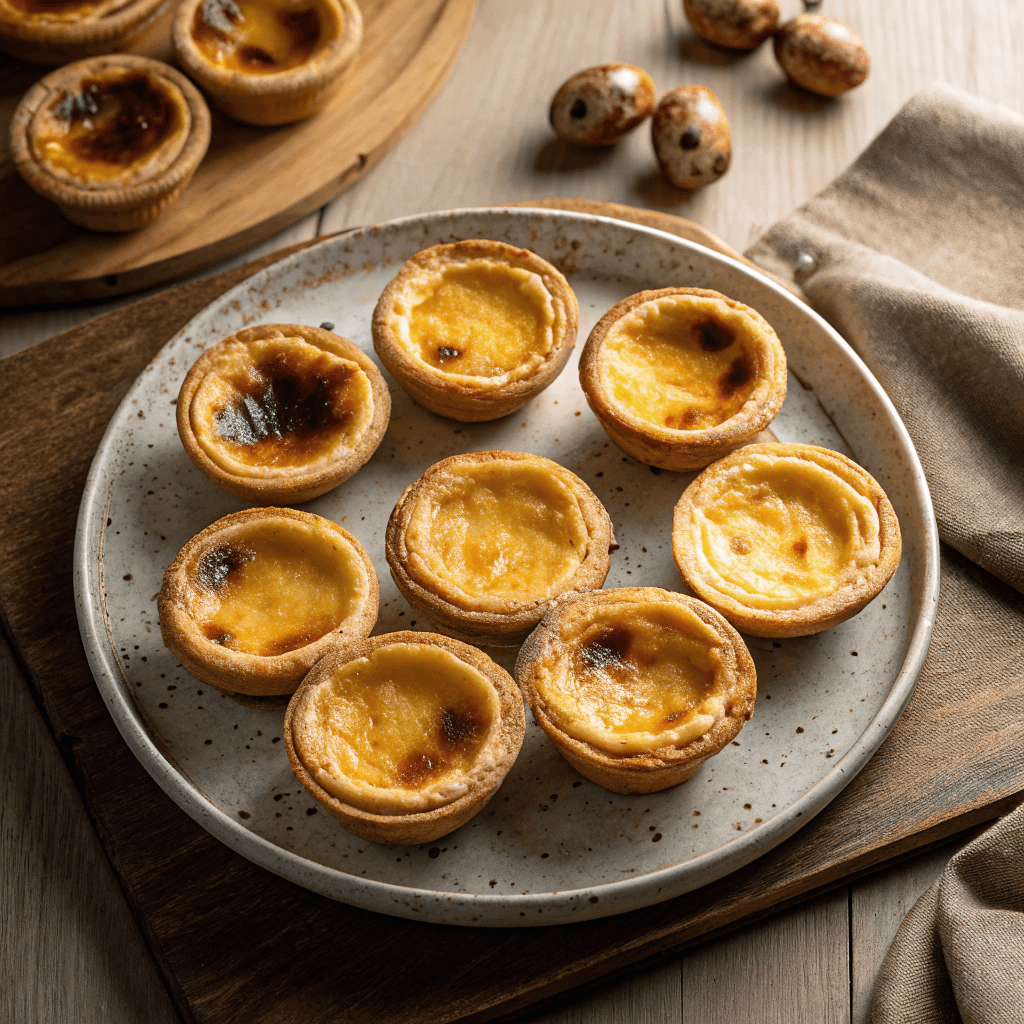 Full plate of pastel de nata with flaky pastry and custard filling