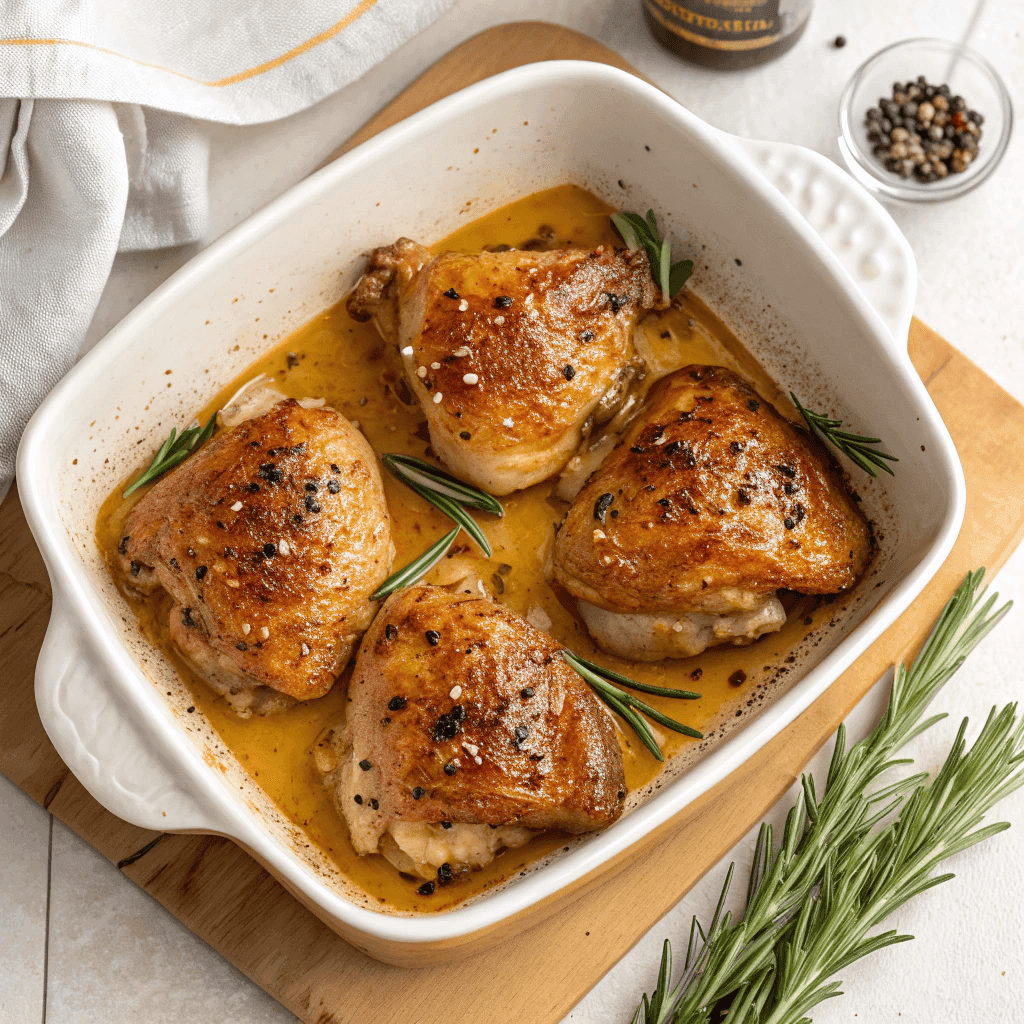 Whole dish of baked honey dijon chicken thighs in golden sauce with rosemary garnish