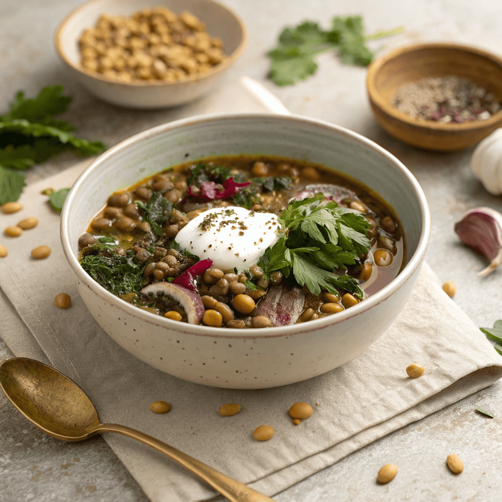 Whole bowl of Persian soup with lentils, herbs and yogurt topping