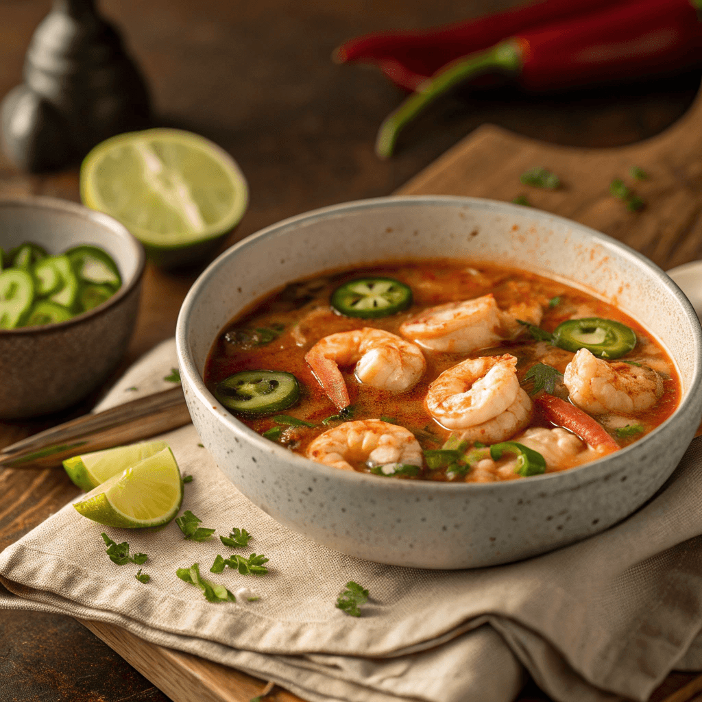 Best Spicy Shrimp Soup with Garlic, Lime & Jalapeño 1 Minimal white bowl of spicy shrimp soup with jalapeños and herbs