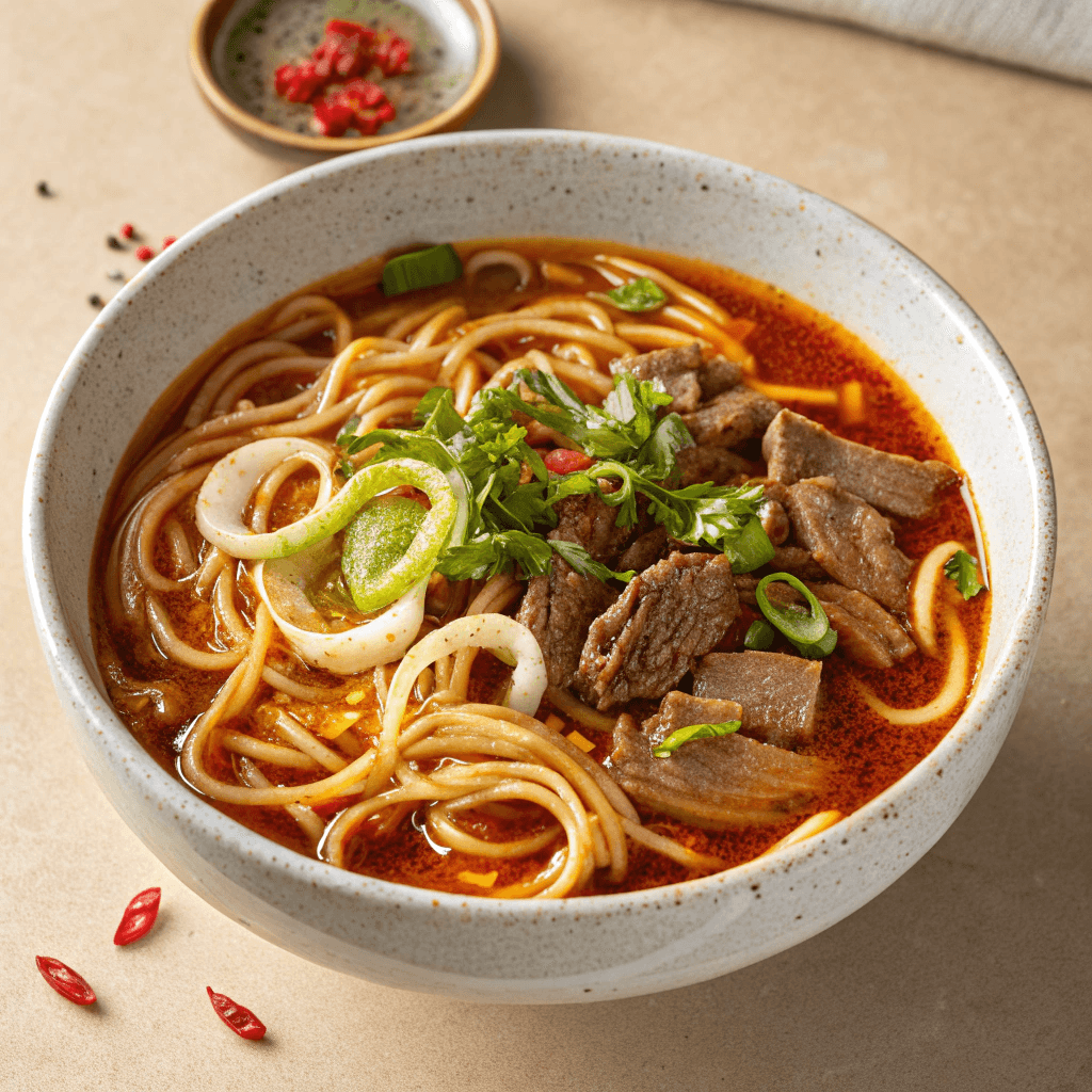 Whole bowl of spicy beef noodle soup with noodles, beef and chili broth