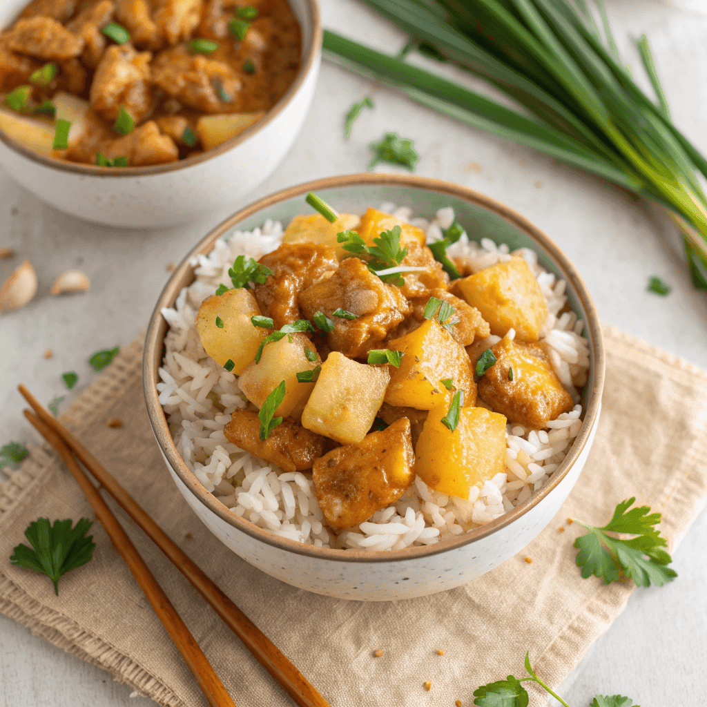 Whole bowl pineapple chicken and rice with saucy chicken and pineapple over rice