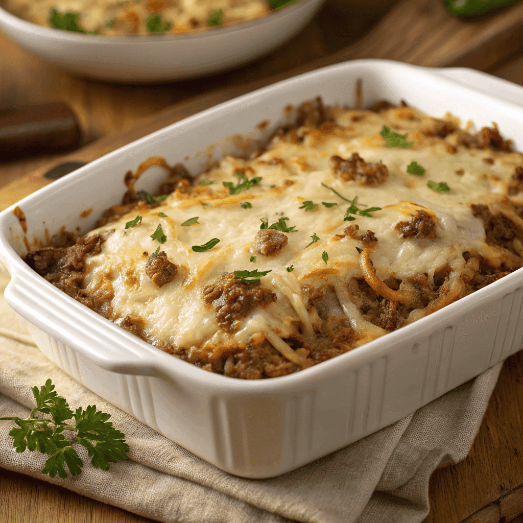 Whole baked French onion ground beef and rice casserole with melted cheese topping