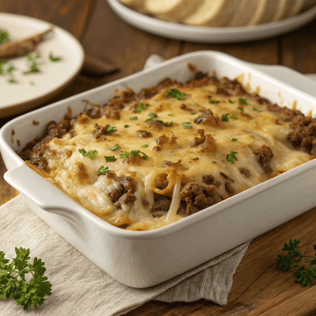 Single serving of French onion ground beef and rice casserole on a white plate