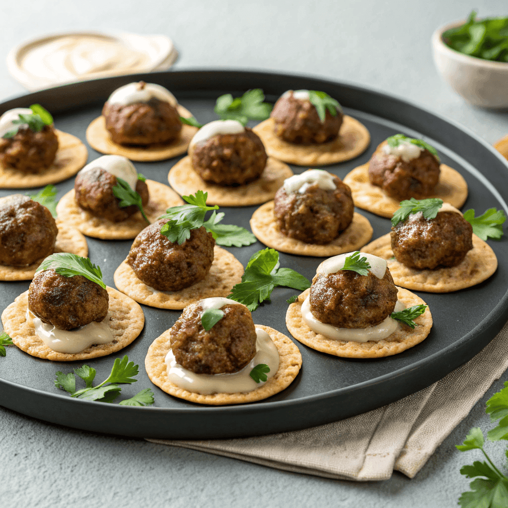 Full platter of lamb meatballs served on flatbread with yogurt sauce