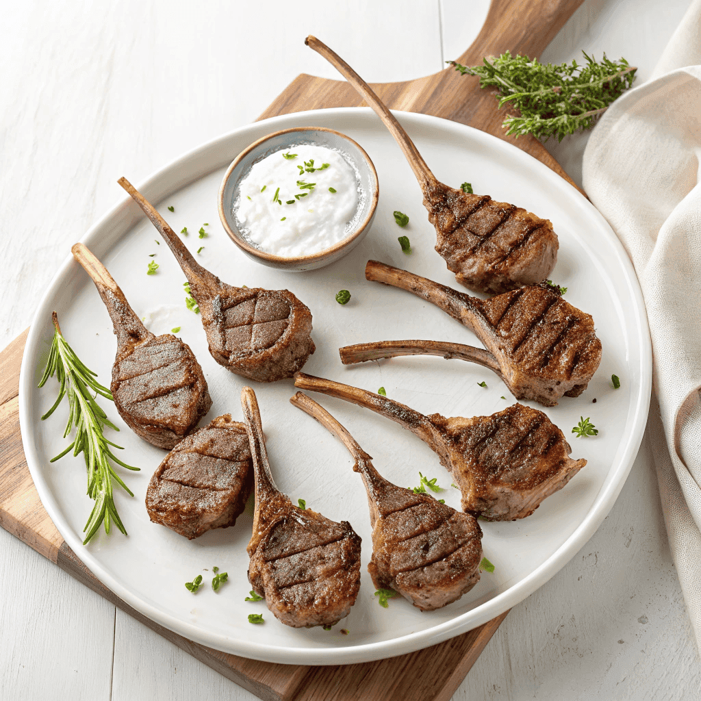 Minimal white plate lamb lollipops with yogurt sauce and herbs